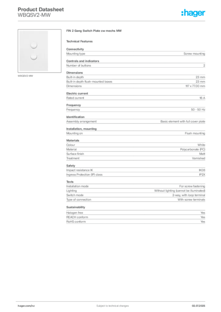 Image Hager Product data sheet WBQSV2-MW  | Hager New Zealand
