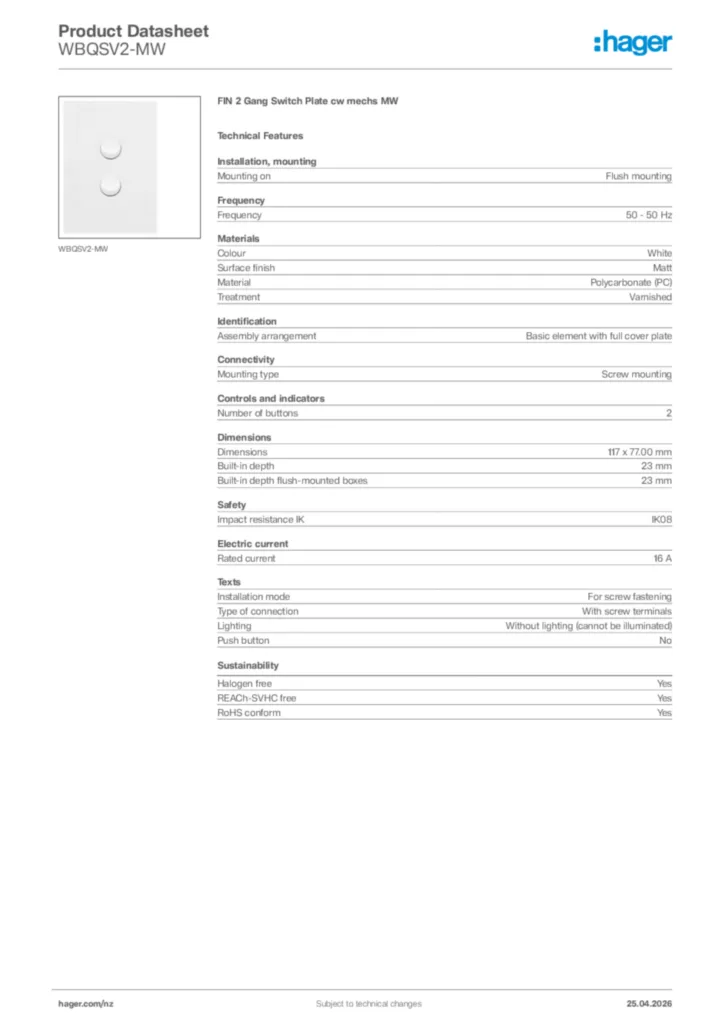 Image Hager Product data sheet WBQSV2-MW  | Hager New Zealand