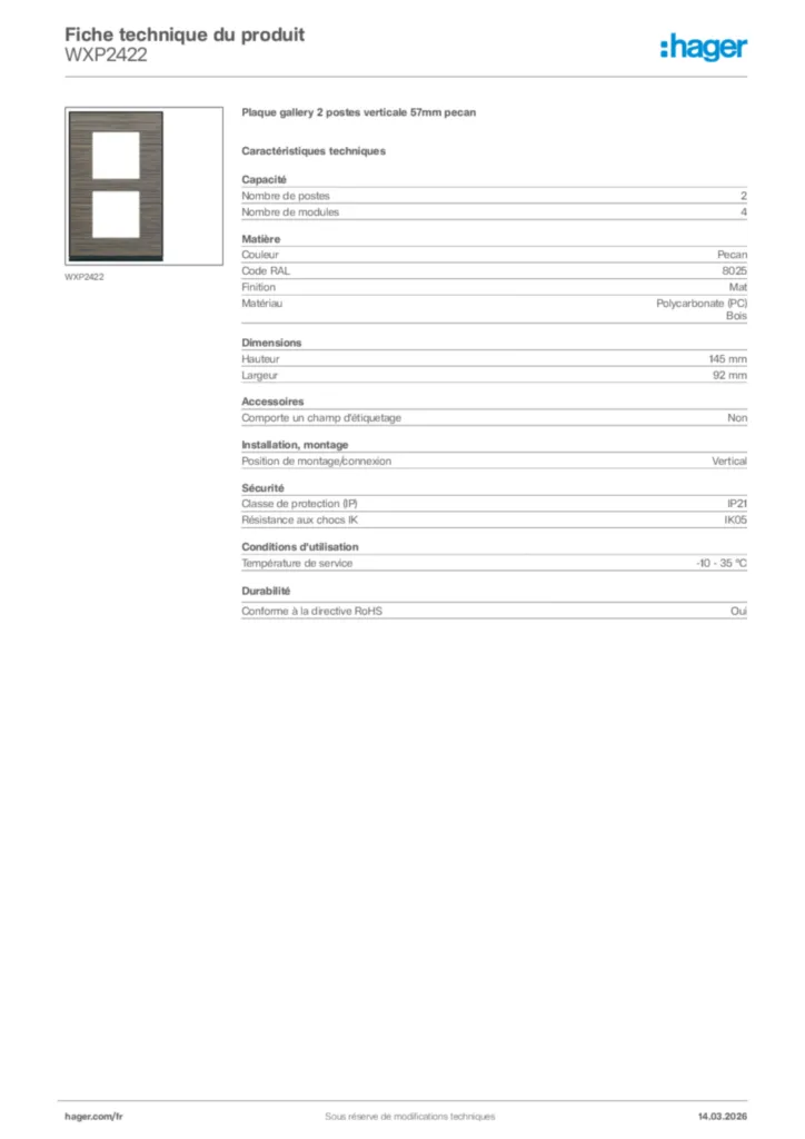 Image Hager Fiche technique du produit WXP2422 | Hager France