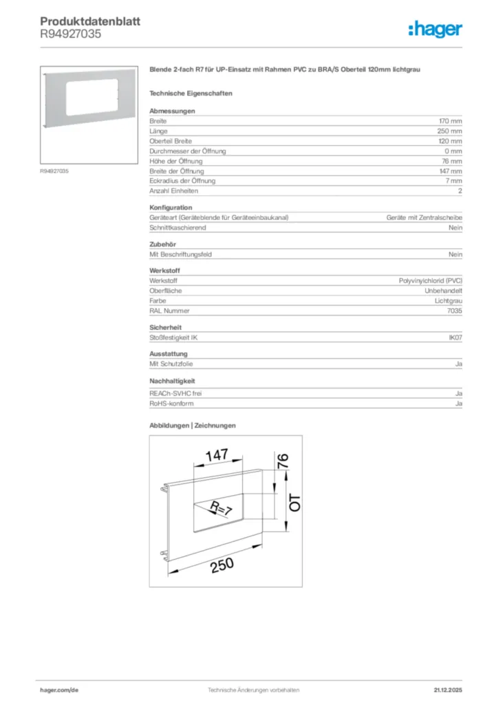 Bild Hager Produktdatenblatt R94927035 | Hager Deutschland