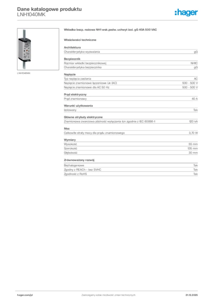 Zdjęcie Hager Dane katalogowe produktu LNH1040MK | Hager Polska