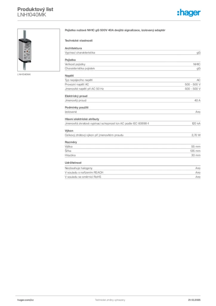 Obrázek Hager Produktový list LNH1040MK | Hager