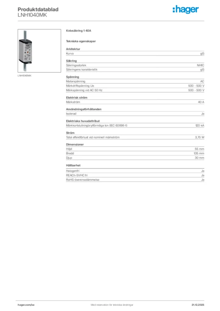 Bild Hager Produktdatablad LNH1040MK | Hager Sverige