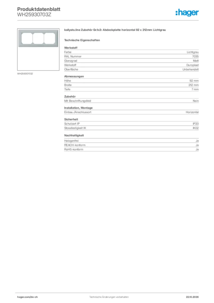 Bild Hager Produktdatenblatt WH25930703Z | Hager Schweiz