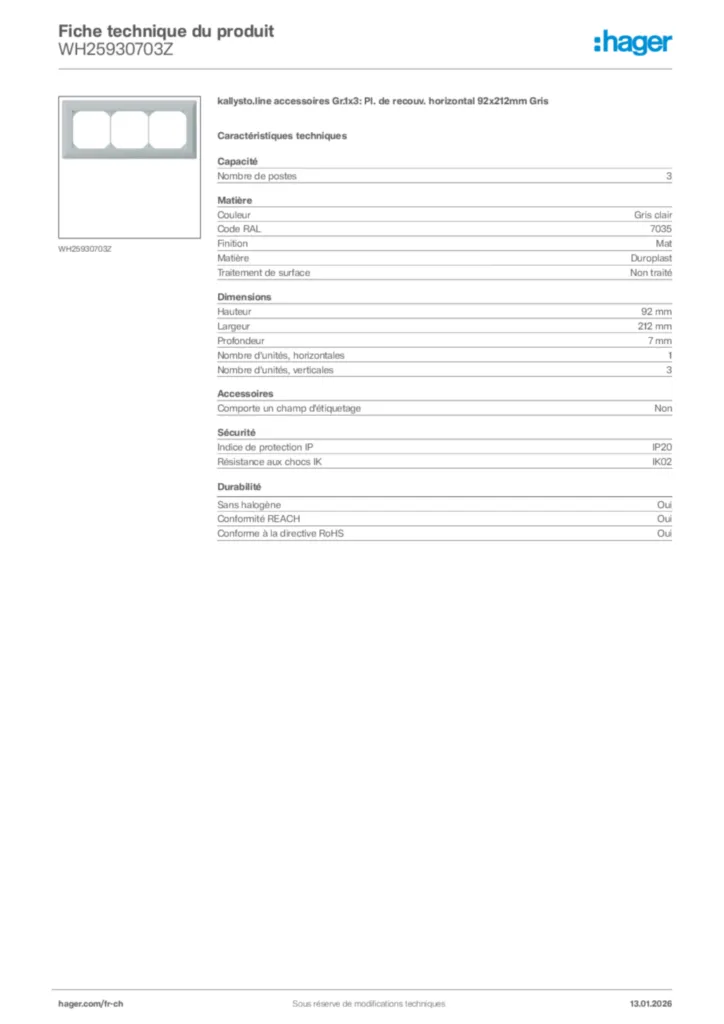 Image Hager Fiche technique du produit WH25930703Z | Hager Suisse