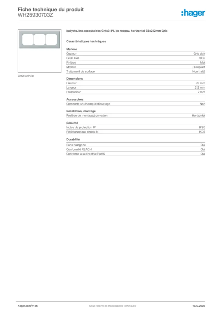Image Hager Fiche technique du produit WH25930703Z | Hager Suisse