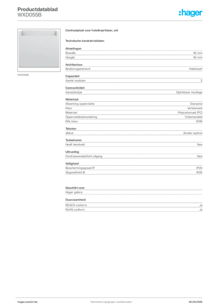 Afbeelding Hager Productdatablad WXD055B | Hager Belgium