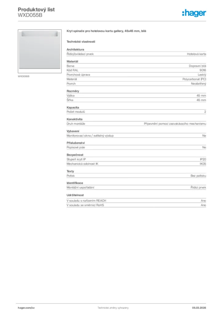 Obrázek Hager Product data sheet WXD055B | Hager