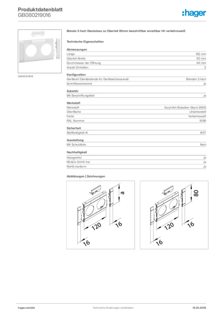 Bild Hager Produktdatenblatt GB080219016 | Hager Deutschland