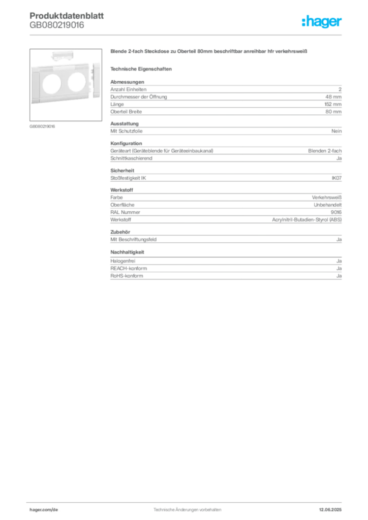 Bild Hager Produktdatenblatt GB080219016 | Hager Deutschland