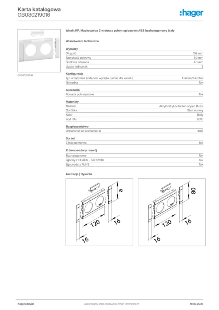 Zdjęcie Hager Karta katalogowa GB080219016 | Hager Polska