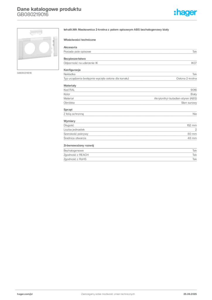 Zdjęcie Hager Dane katalogowe produktu GB080219016 | Hager Polska