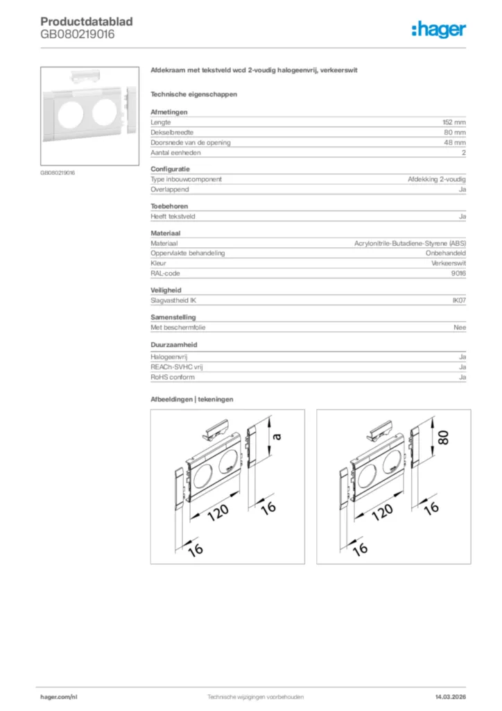 Afbeelding Hager Productdatablad GB080219016 | Hager Nederland