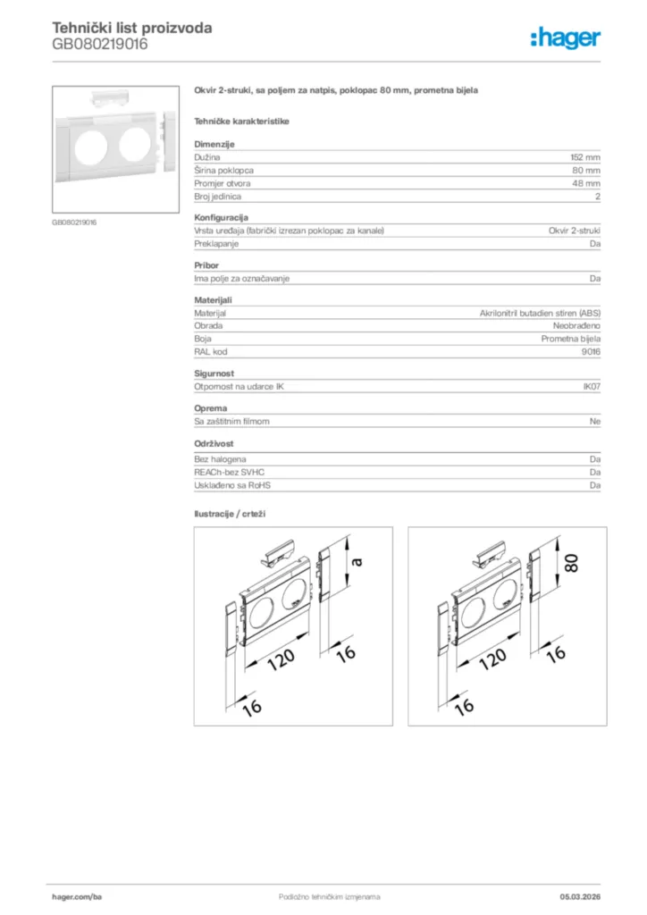 Slika Hager Tehnički list proizvoda GB080219016  | Hager