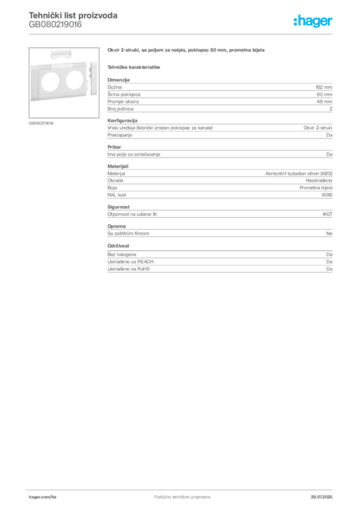 Slika Hager Product data sheet GB080219016  | Hager