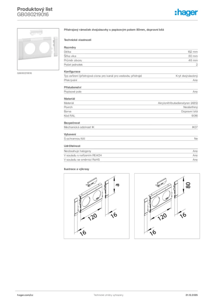 Obrázek Hager Produktový list GB080219016 | Hager