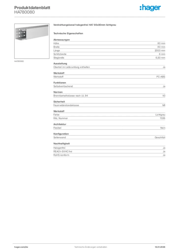 Bild Hager Produktdatenblatt HA780080 | Hager Deutschland