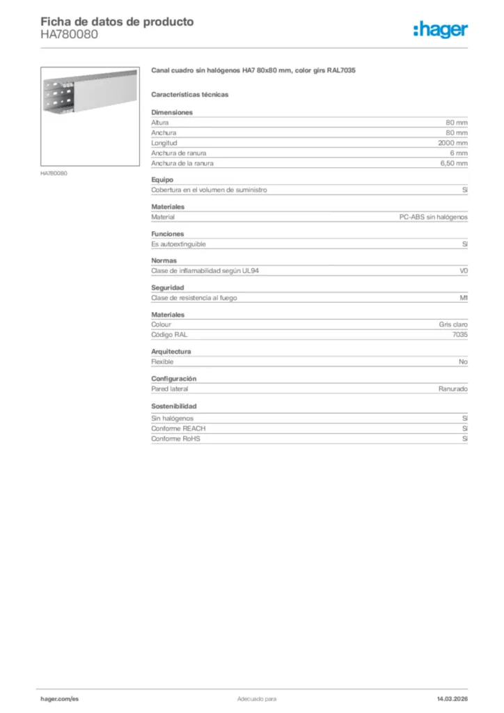 Imagen Hager Ficha de datos de producto HA780080 | Hager España