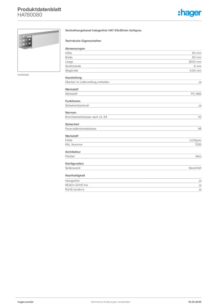 Bild Hager Produktdatenblatt HA780080 | Hager Deutschland