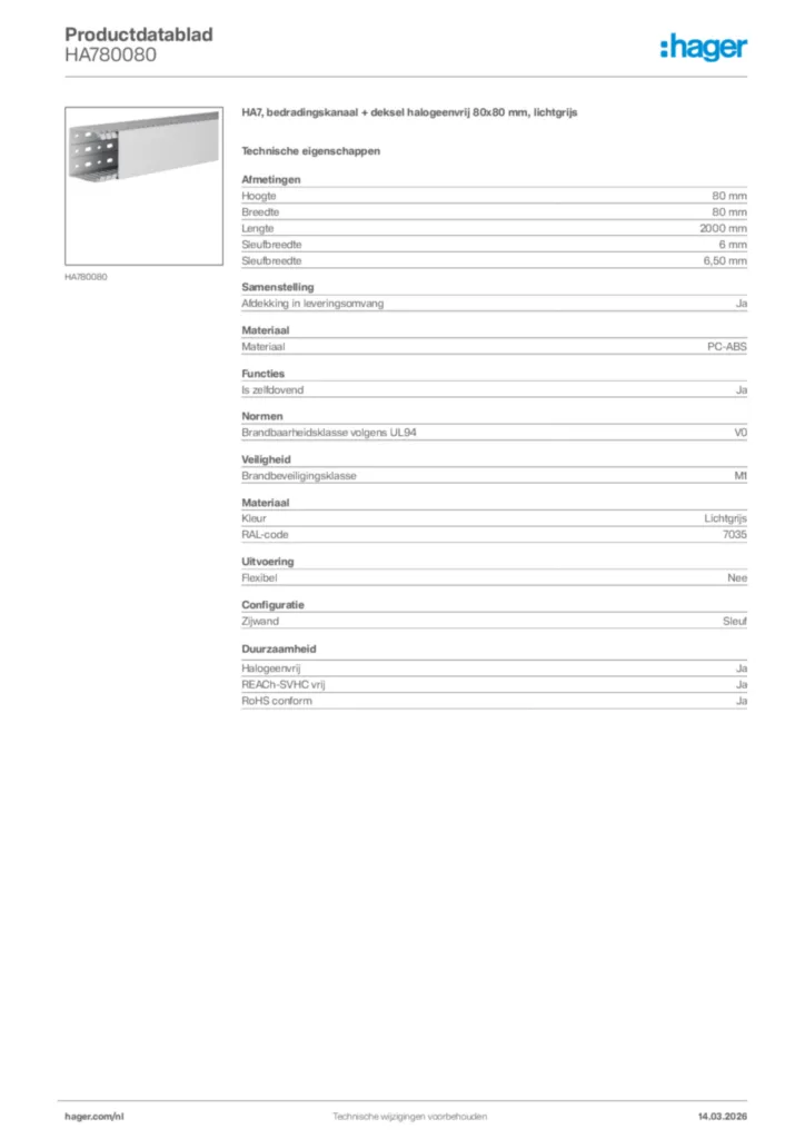 Afbeelding Hager Productdatablad HA780080 | Hager Nederland