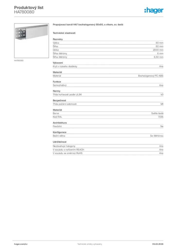 Obrázek Hager Product data sheet HA780080 | Hager