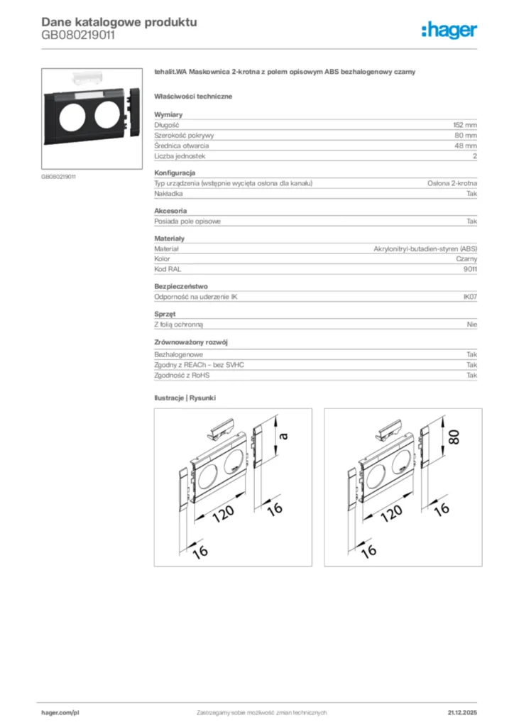 Zdjęcie Hager Dane katalogowe produktu GB080219011 | Hager Polska