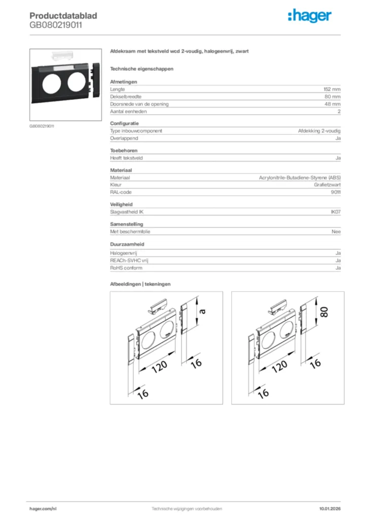 Afbeelding Hager Productdatablad GB080219011 | Hager Nederland