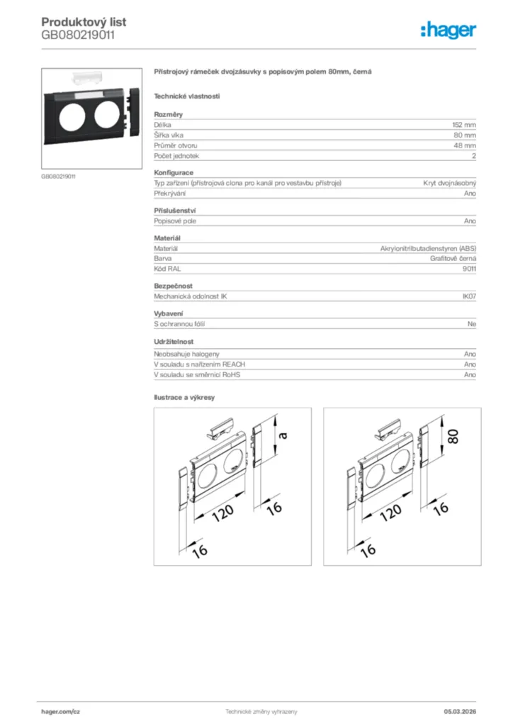 Obrázek Hager Product data sheet GB080219011 | Hager