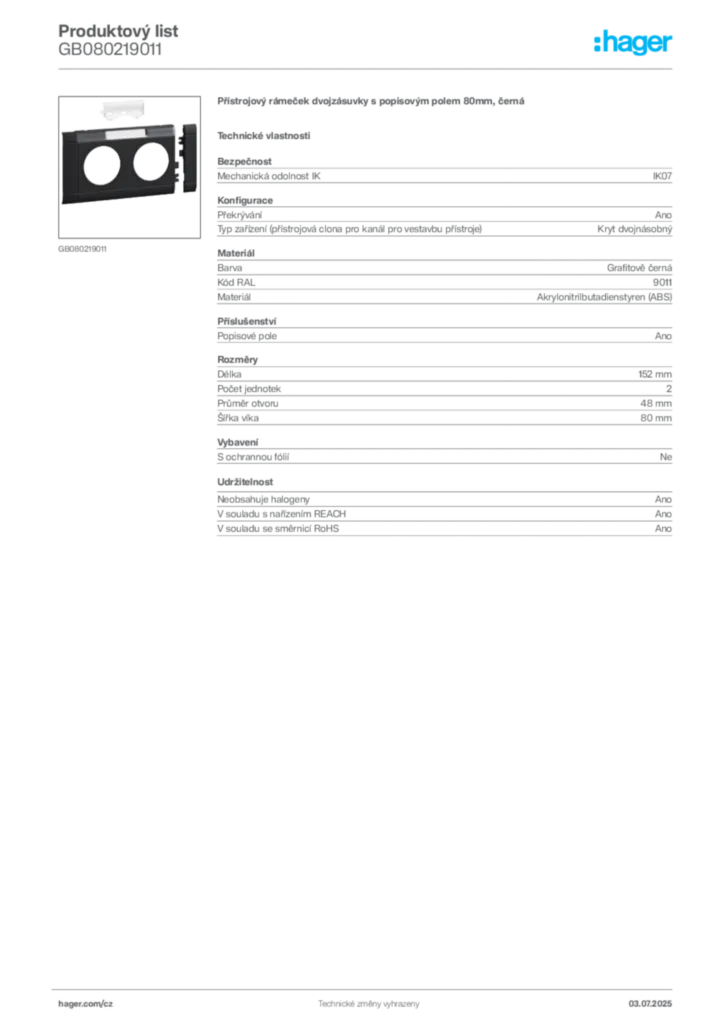 Obrázek Hager Produktový list GB080219011 | Hager