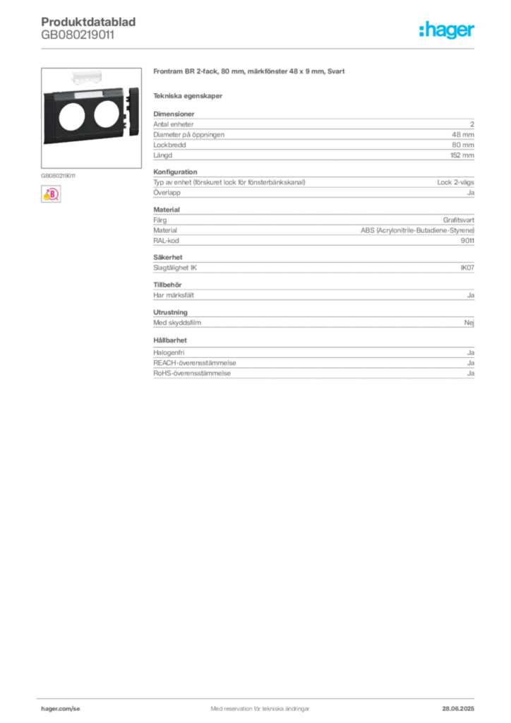 Bild Hager Produktdatablad GB080219011 | Hager Sverige