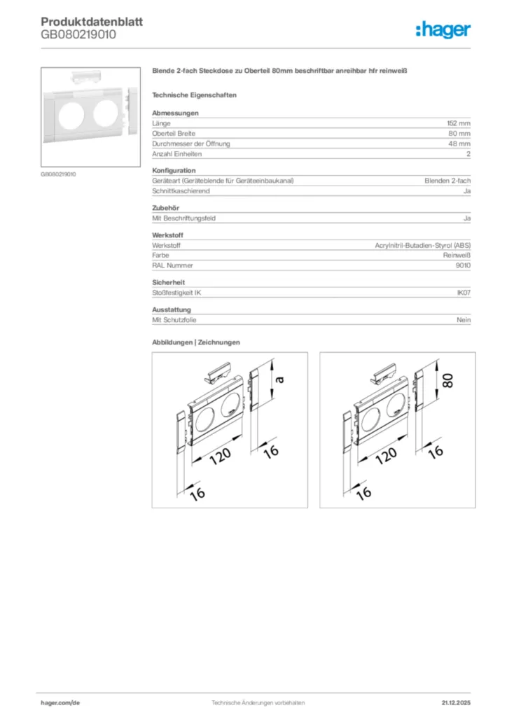 Bild Hager Produktdatenblatt GB080219010 | Hager Deutschland
