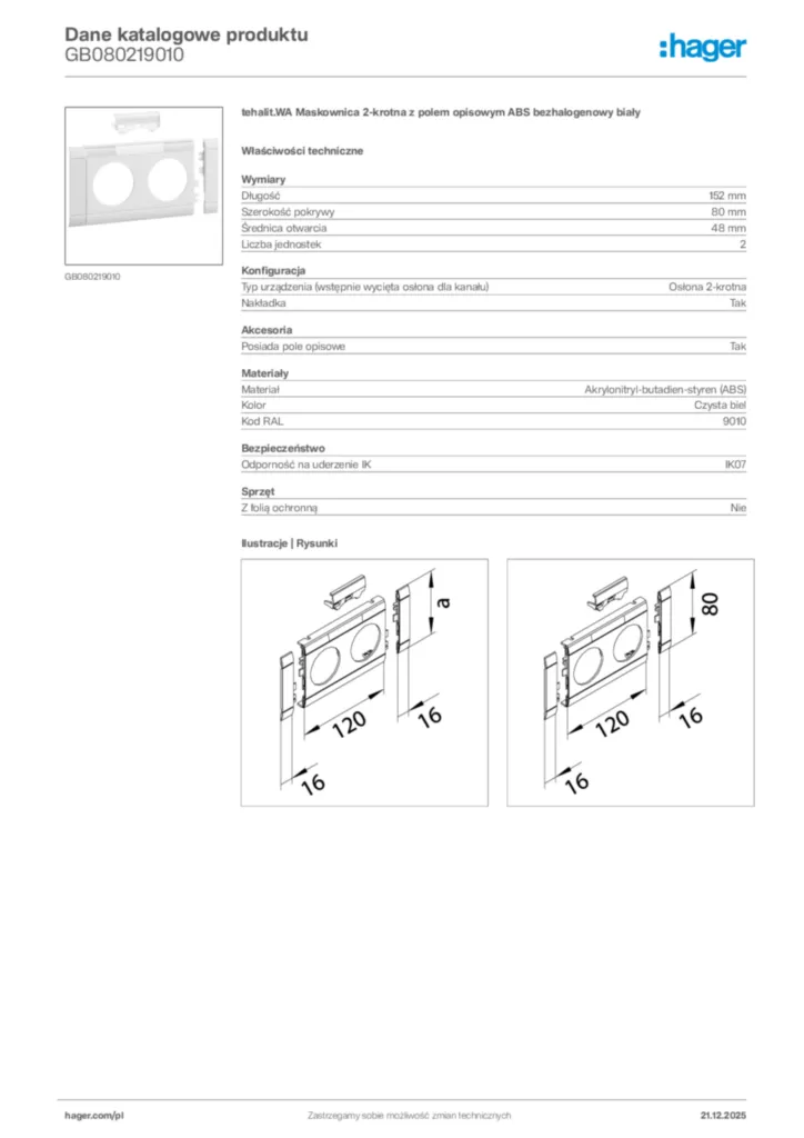 Zdjęcie Hager Dane katalogowe produktu GB080219010 | Hager Polska