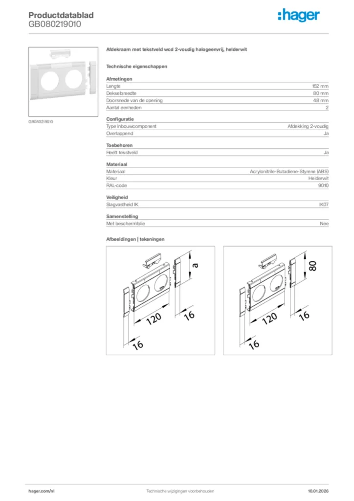 Afbeelding Hager Productdatablad GB080219010 | Hager Nederland