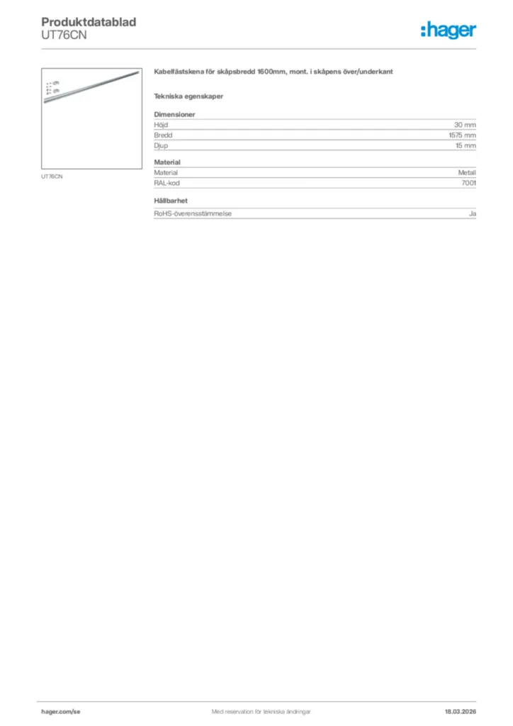 Bild Hager Produktdatablad UT76CN | Hager Sverige