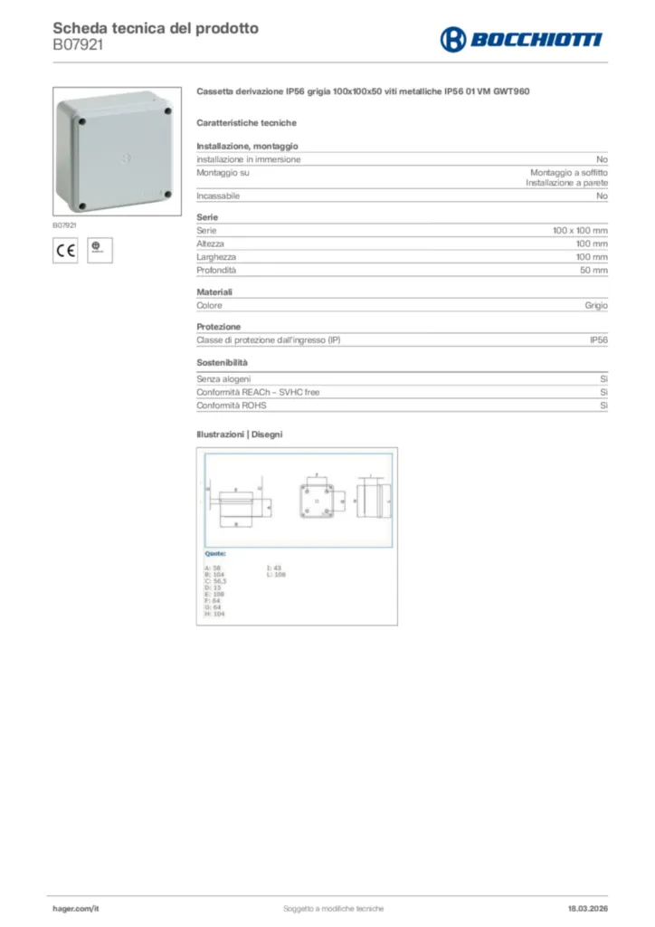 Immagine Bocchiotti Scheda tecnica del prodotto B07921 | Hager Italia