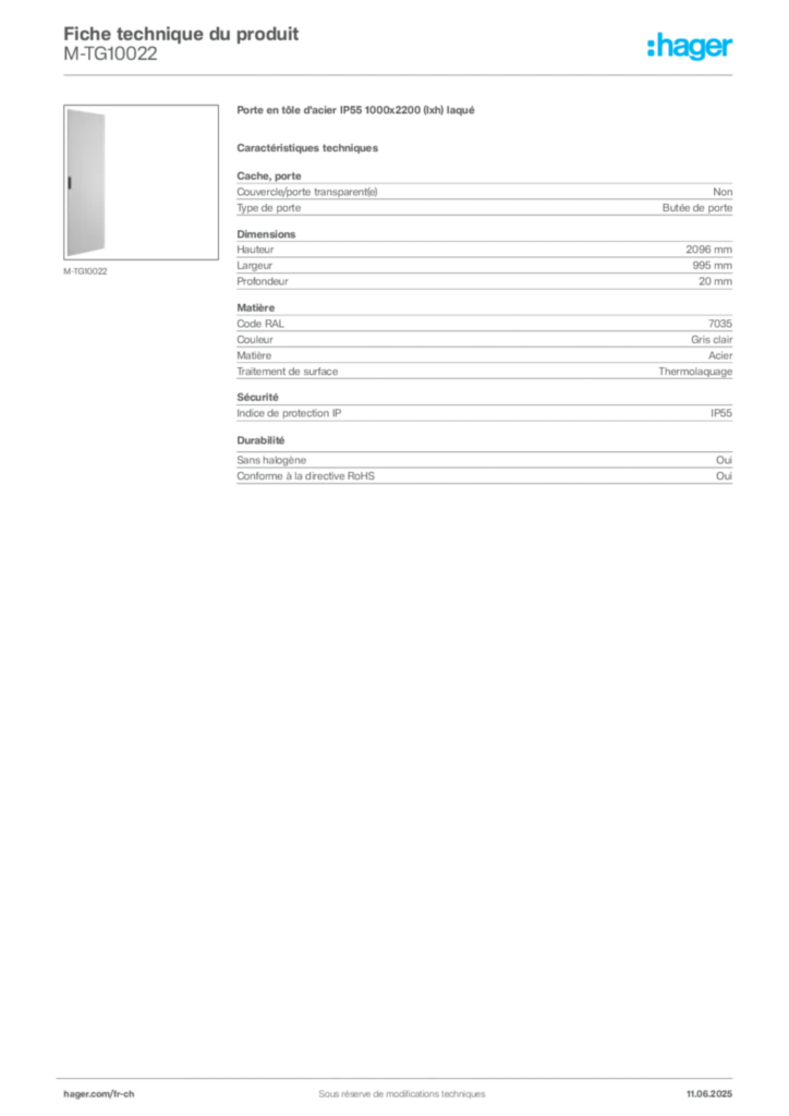 Image Hager Fiche technique du produit M-TG10022 | Hager Suisse