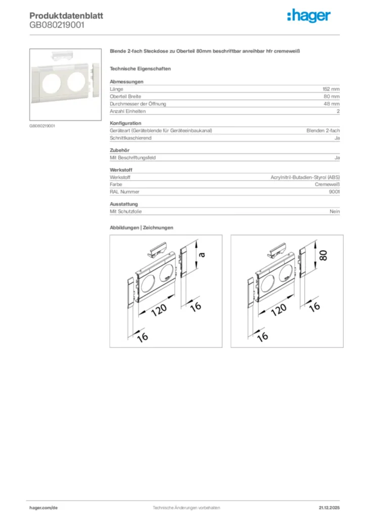 Bild Hager Produktdatenblatt GB080219001 | Hager Deutschland