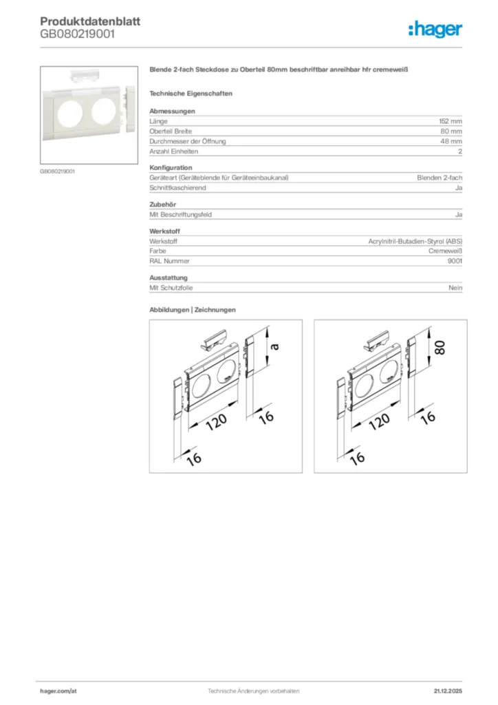 Bild Hager Produktdatenblatt GB080219001 | Hager Deutschland