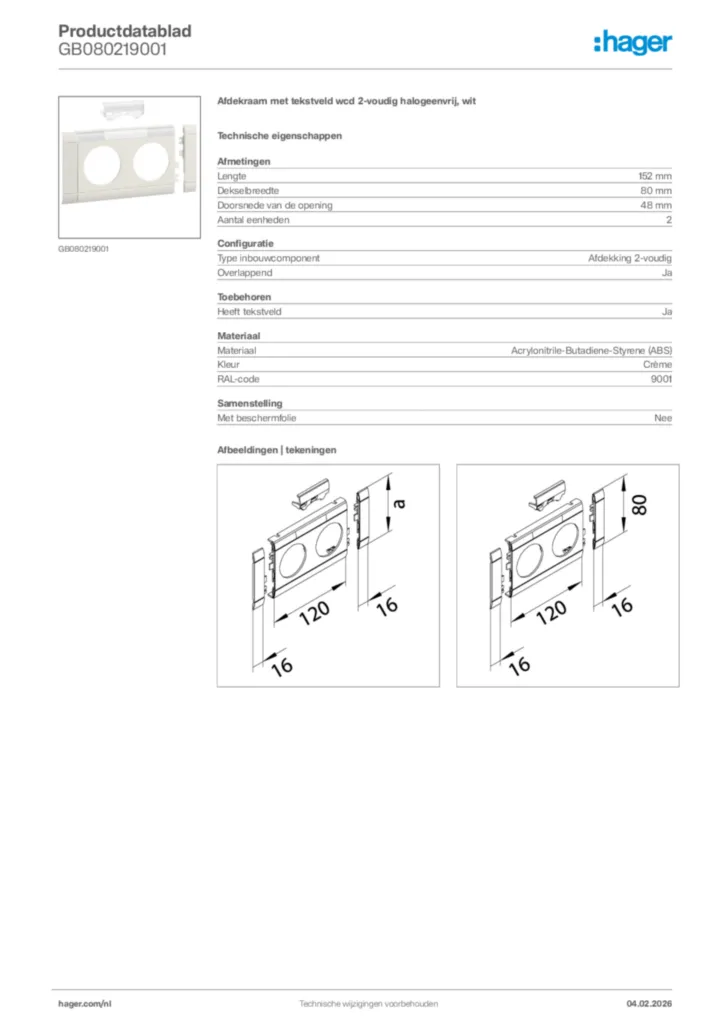 Afbeelding Hager Productdatablad GB080219001 | Hager Nederland