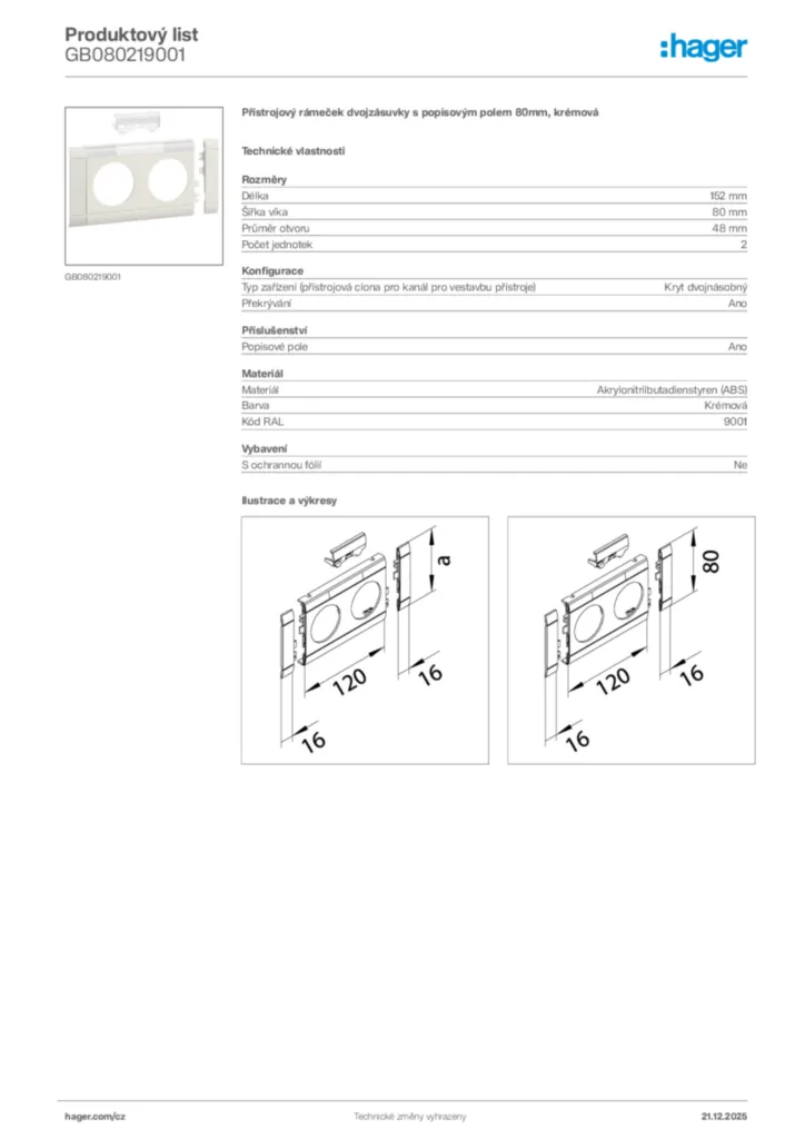 Obrázek Hager Produktový list GB080219001 | Hager