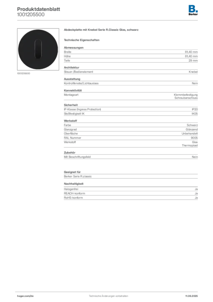 Bild Berker Produktdatenblatt 1001205500 | Hager Deutschland