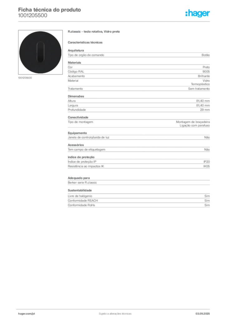 Imagem Hager Ficha técnica do produto 1001205500 | Hager Portugal