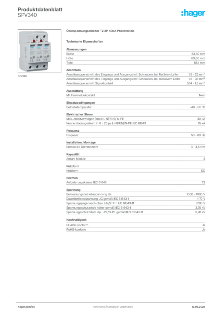 Hager Produktdatenblatt SPV340