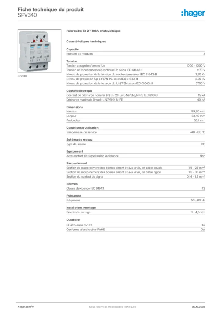 Image Hager Fiche technique du produit SPV340 | Hager France