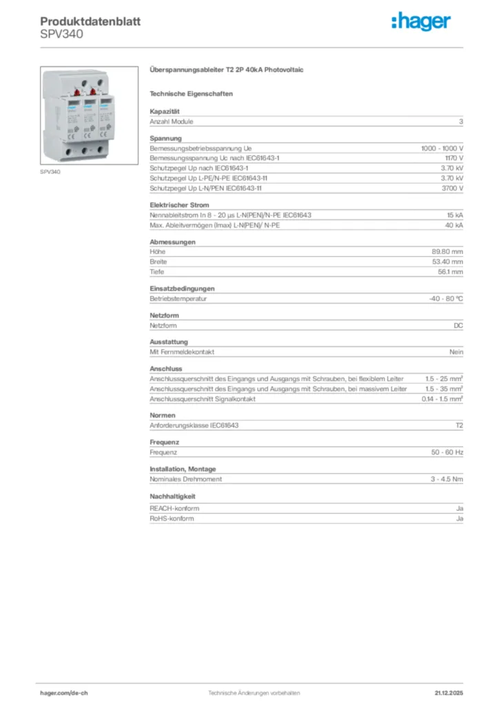 Bild Hager Produktdatenblatt SPV340 | Hager Schweiz
