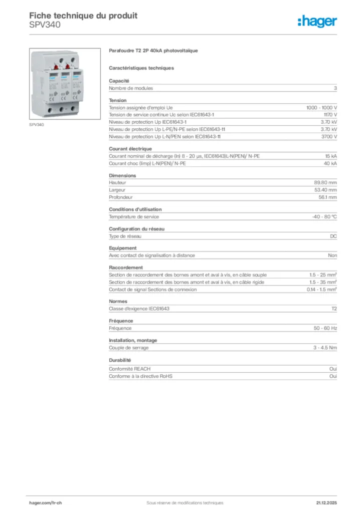 Image Hager Fiche technique du produit SPV340 | Hager Suisse