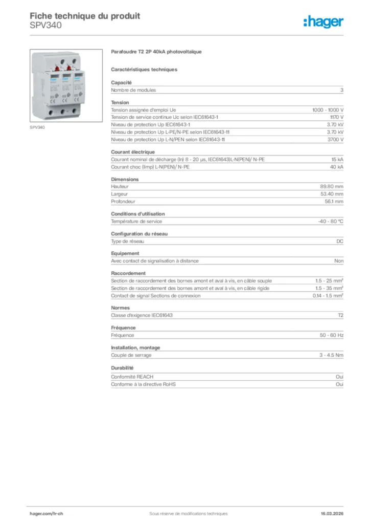 Image Hager Fiche technique du produit SPV340 | Hager Suisse