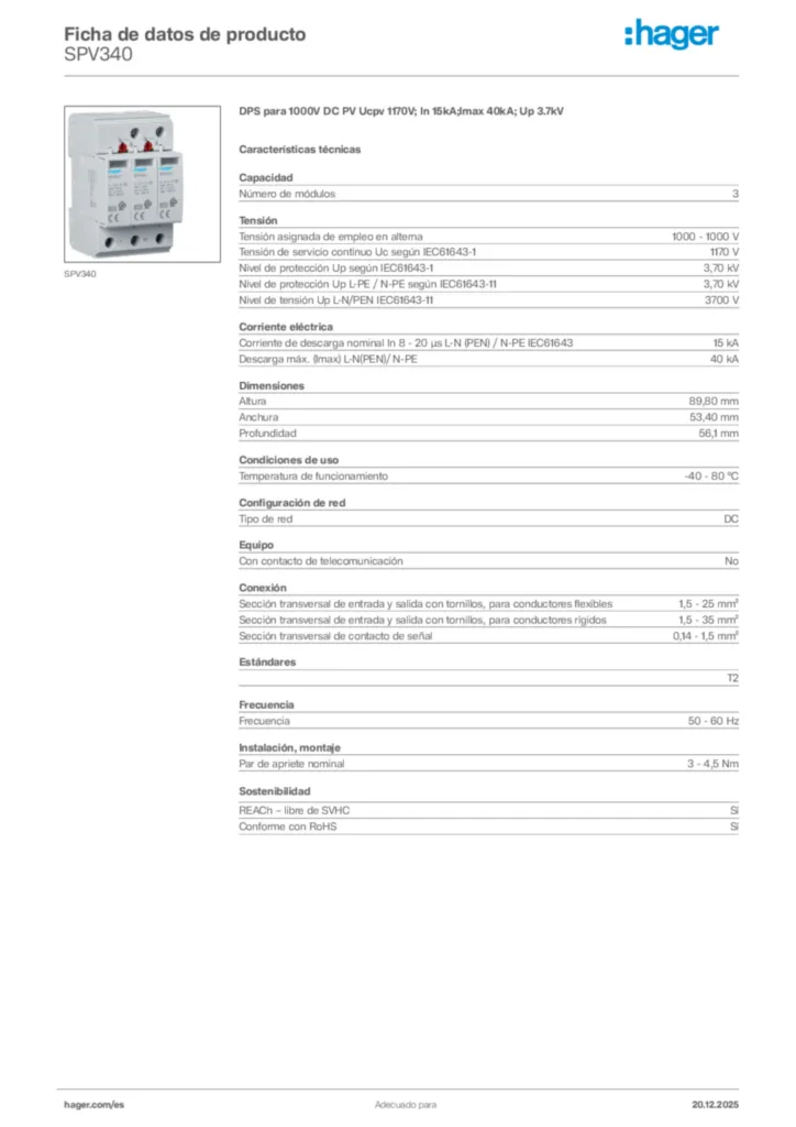 Imagen Hager Ficha de datos de producto SPV340 | Hager España