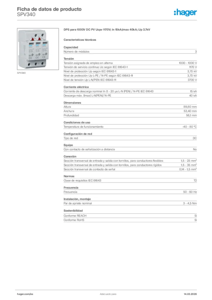 Imagen Hager Ficha de datos de producto SPV340 | Hager España