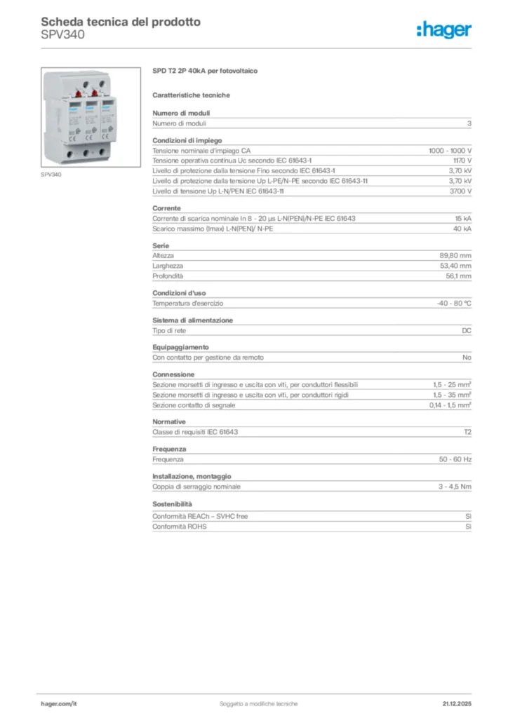 Immagine Hager Scheda tecnica del prodotto SPV340 | Hager Italia